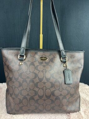 COACH F34603 Signature Zip Top Tote Brown & Black EUC